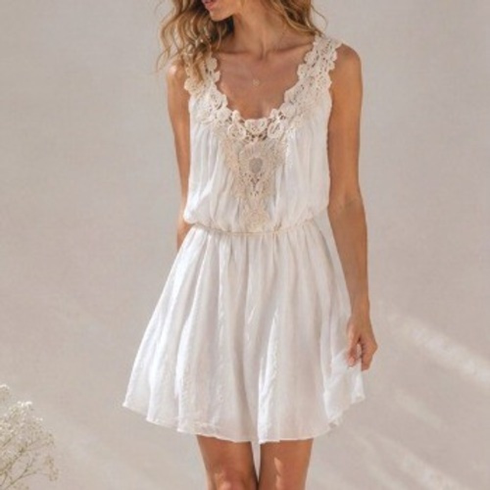 Crochet Lace White Mini Dress Rope Belt Medium Boho Beach Euro‎ Summer Cottage